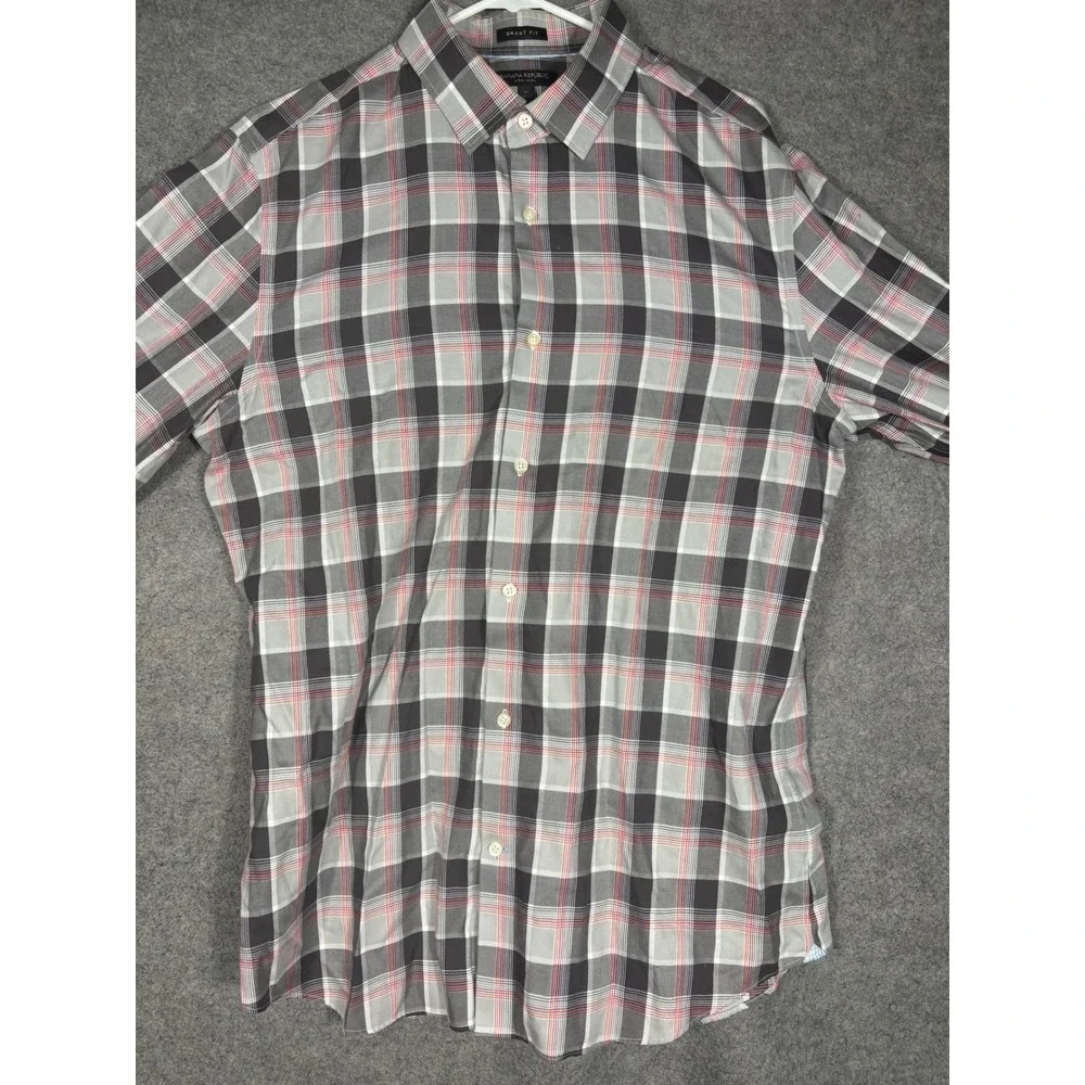 Banana Republic Grant Fit Non-Iron Plaid‎ Shirt Mens XL Grey Red Long Sleeve